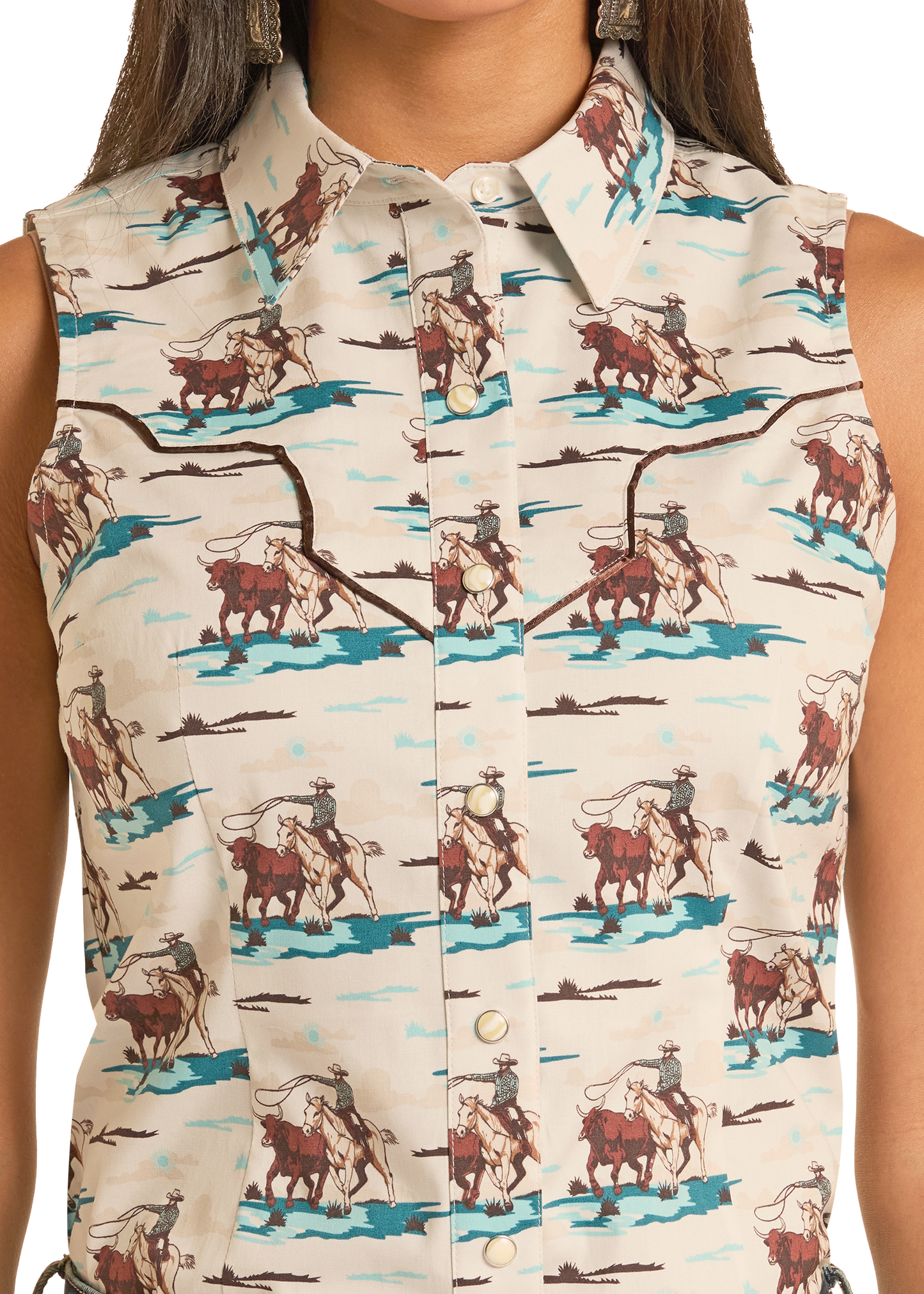 Sleeveless shirt with cowboy and horse pattern on a beige background