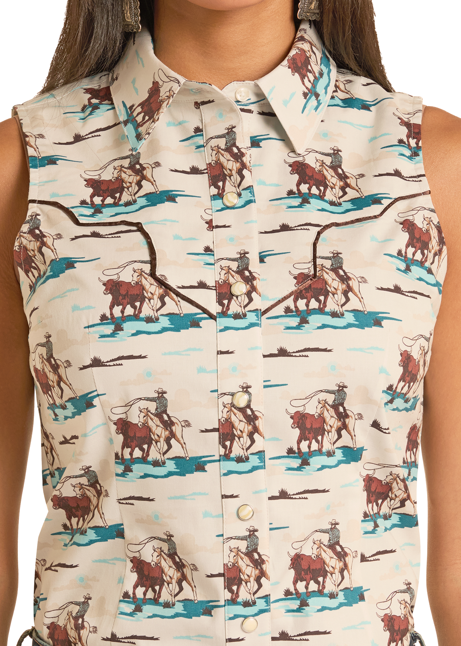 Sleeveless shirt with cowboy and horse pattern on a beige background