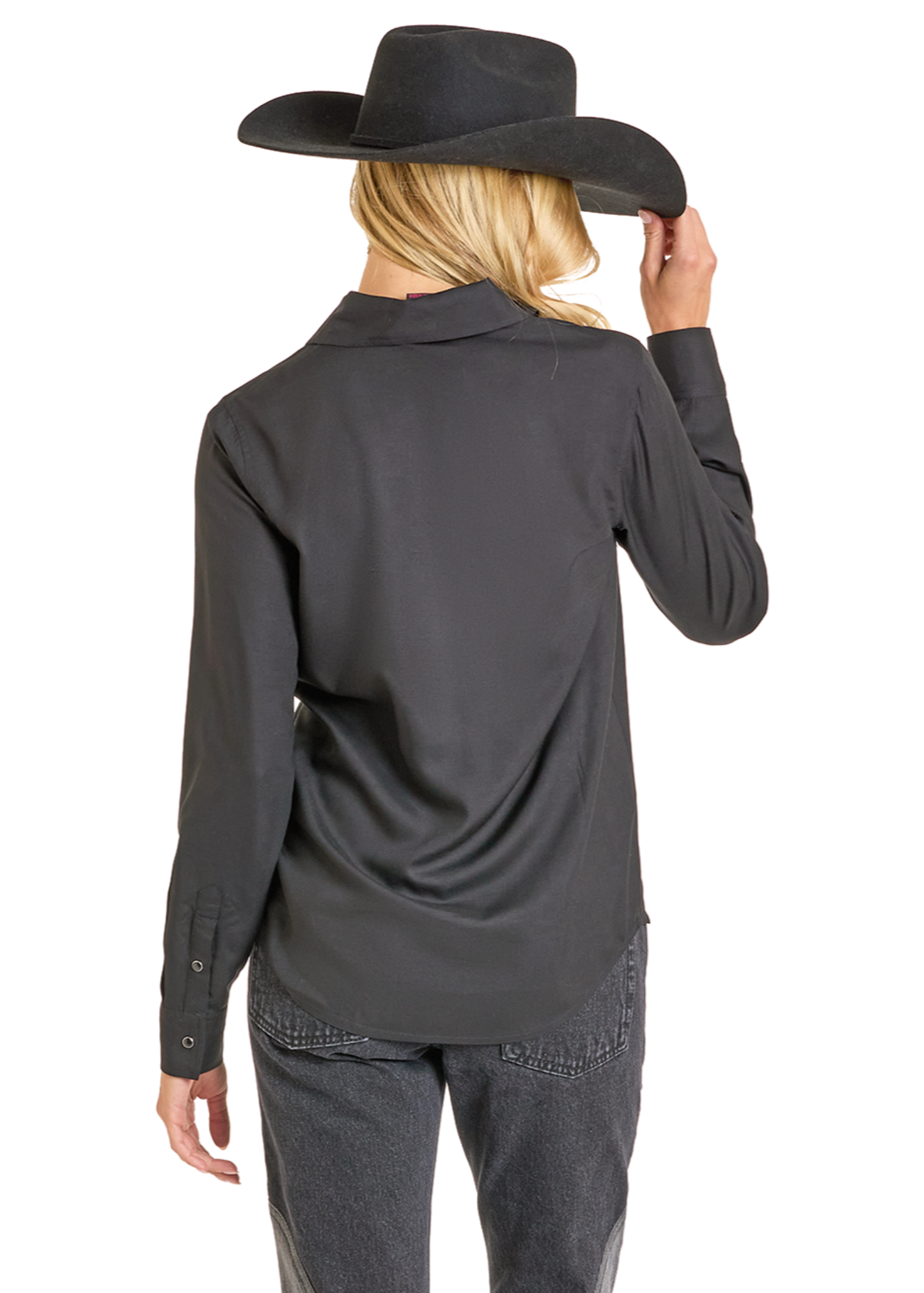 Person wearing a black long-sleeve shirt and wide-brimmed hat on a white background