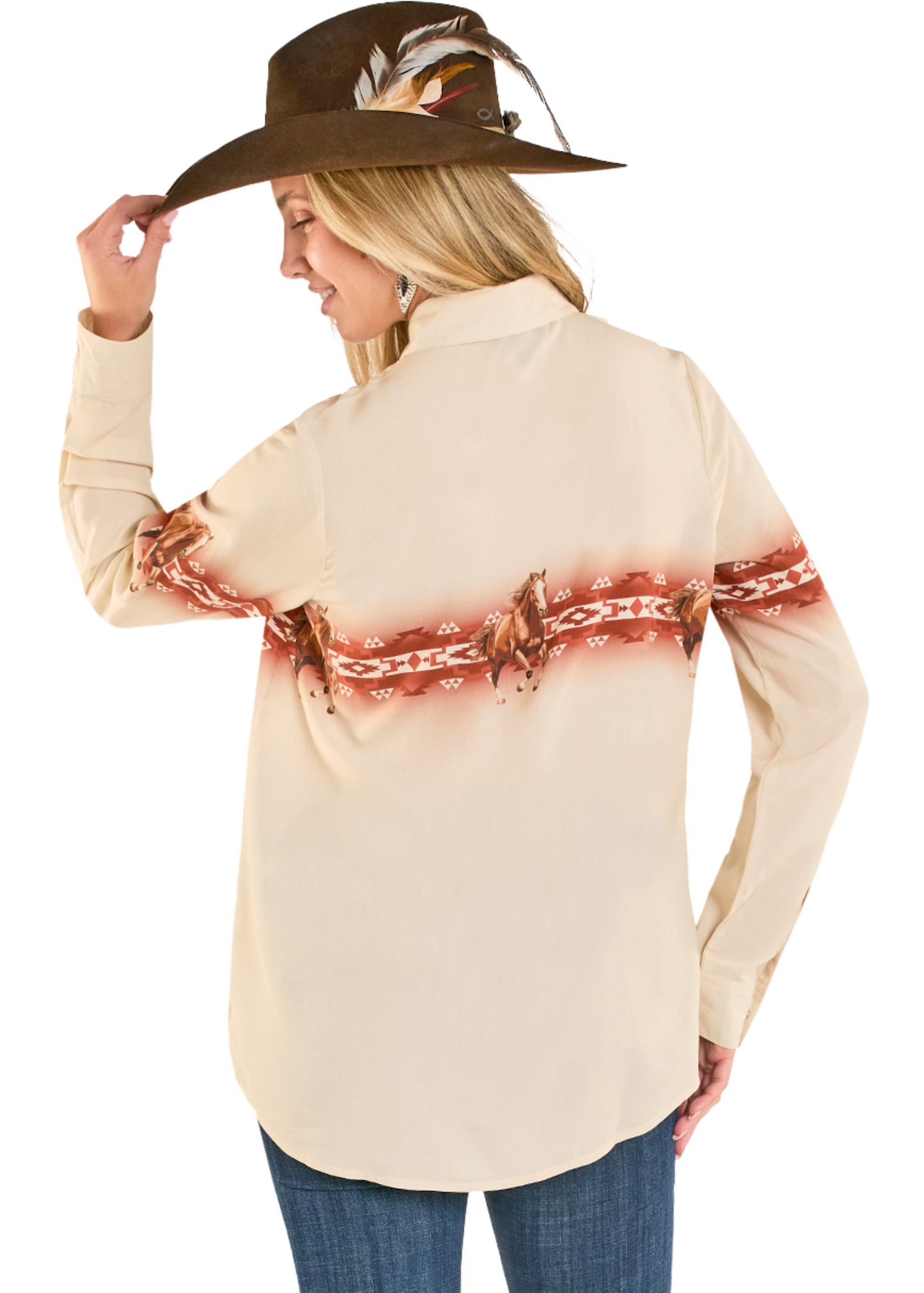 Beige button-up shirt with red geometric pattern and horse illustration on a white background