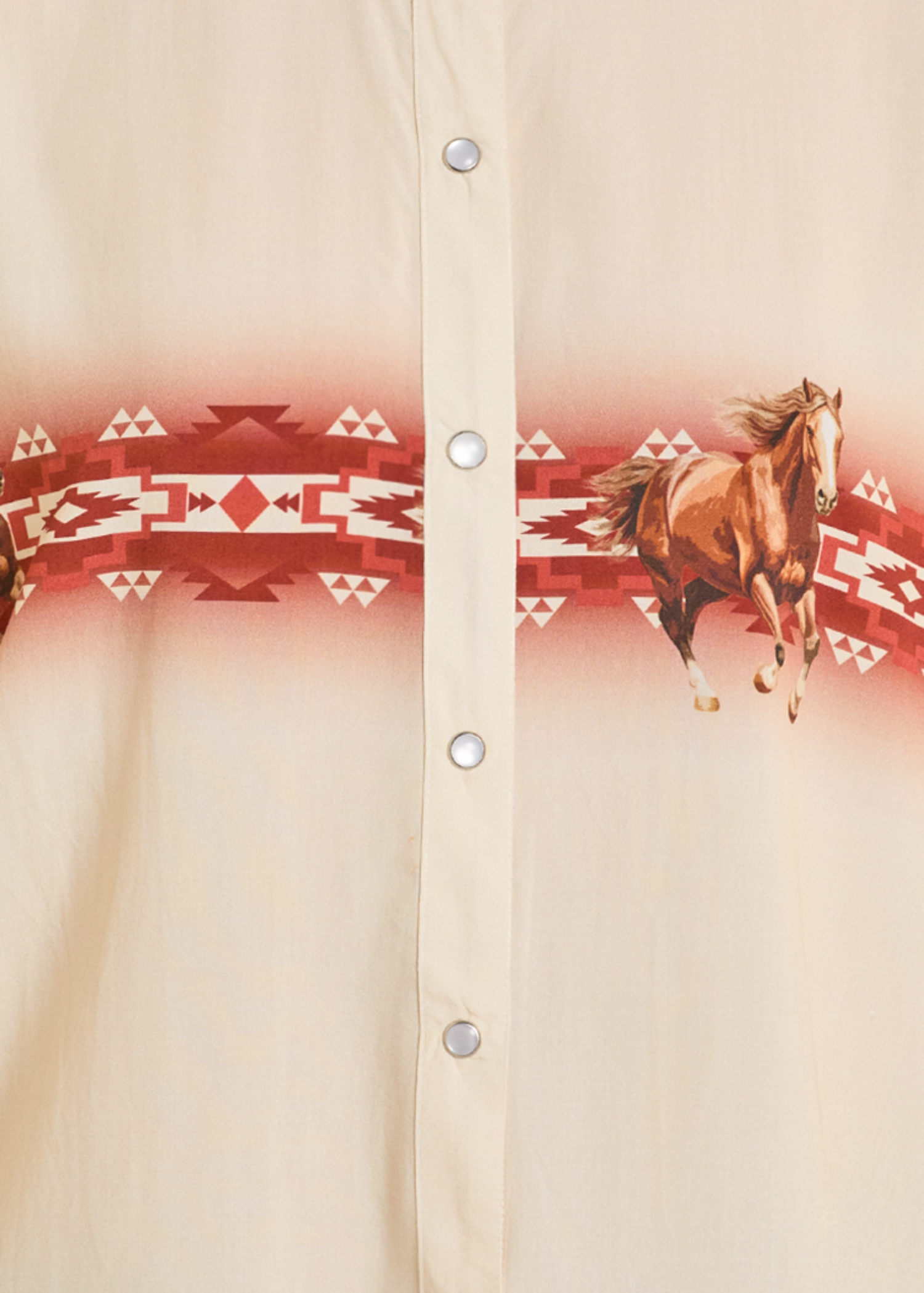 Beige button-up shirt with red geometric pattern and horse illustration on a white background