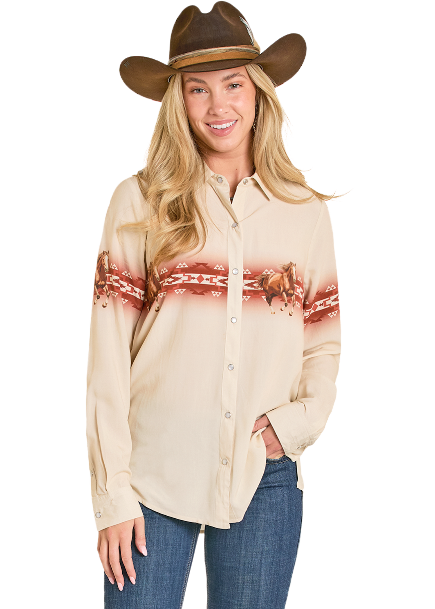 Beige button-up shirt with red geometric pattern and horse illustration on a white background