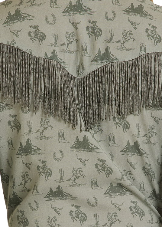 Fabric with cowboy pattern and fringe on a beige background