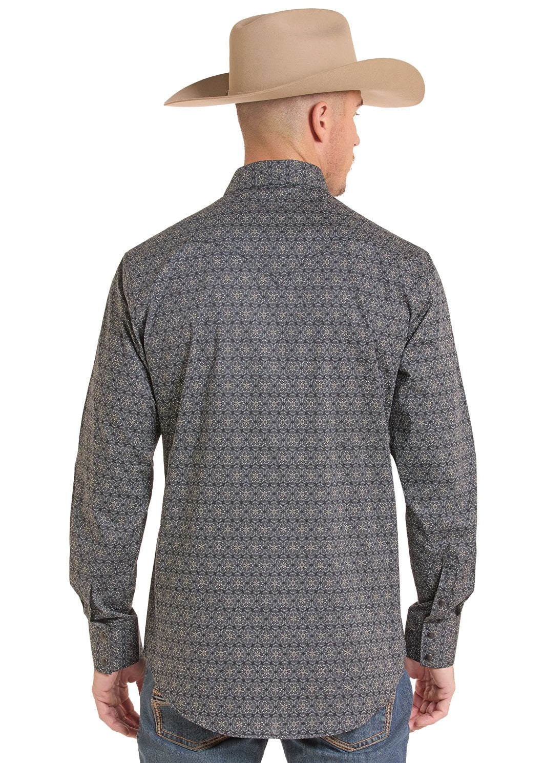 The back of a man wearing a Black Medallion Long Sleeve Snap Shirt