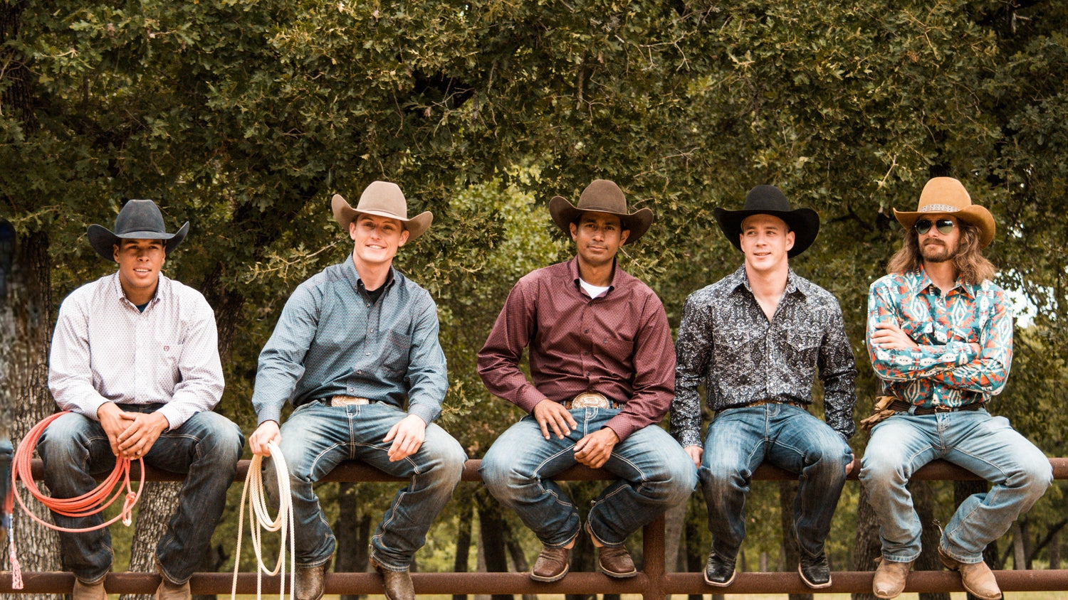 Shad Mayfield, Tuf Cooper, Junior Nogueira, Tim O'Connell, and Dale Brisby all wearing Rock and Roll Denim
