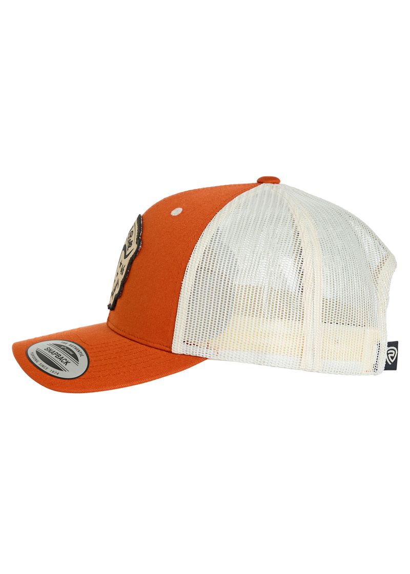 The Rock & Roll Longhorn Cap by Rock & Roll Denim has an orange front and bill, white mesh back, a round front patch, curved brim, and an adjustable snapback for comfort and style.
