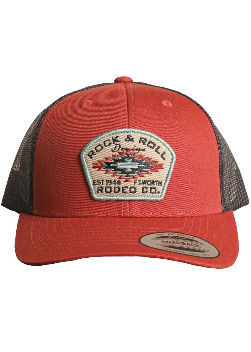 The Rock & Roll Red Aztec Cap by Rock & Roll Denim is a red and black trucker hat with a mesh back, curved brim, adjustable snapback, and patch reading "Rock & Roll Rodeo Co. Est. 1946 Ft. Worth.