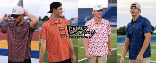 Four men wearing patterned short-sleeve polo shirts on a sports field, with a central 'Game Boy Collection' logo overlay. 