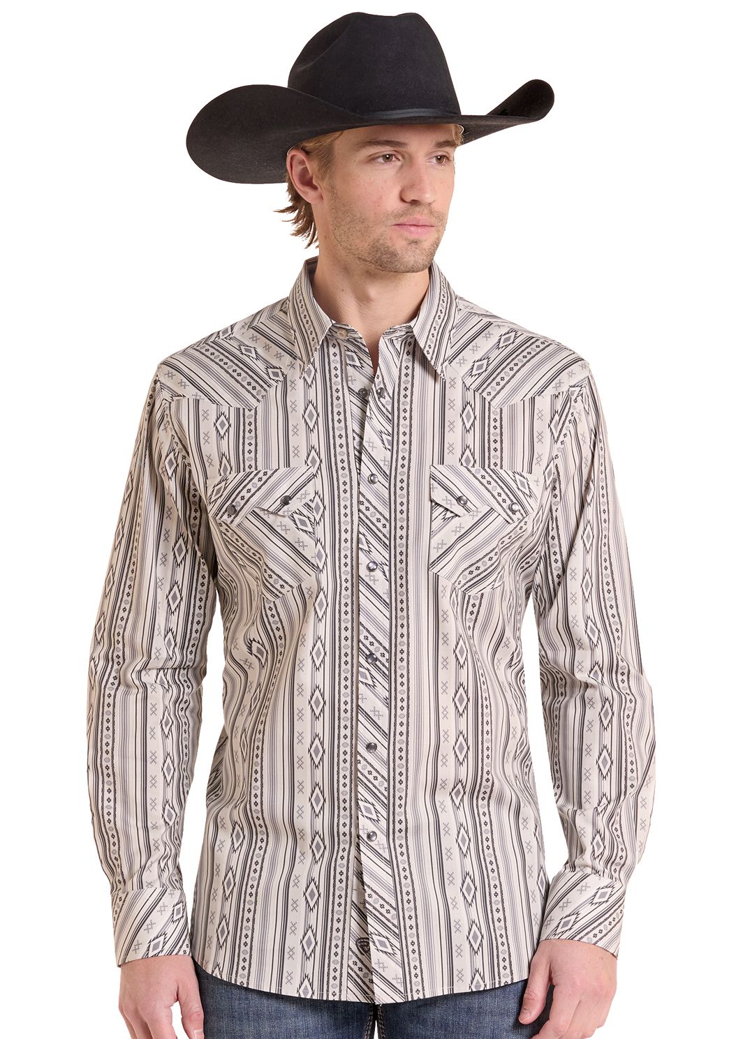 Man in Natural Aztec Striped Long Sleeve Snap Shirt