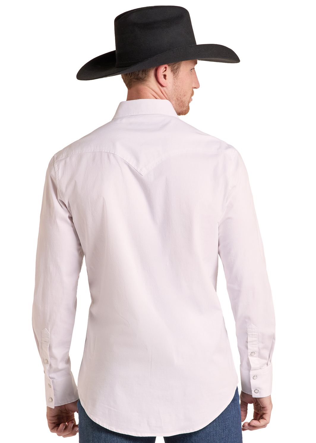 Back of a man in White Twill Long Sleeve Pocket Snap Shirt