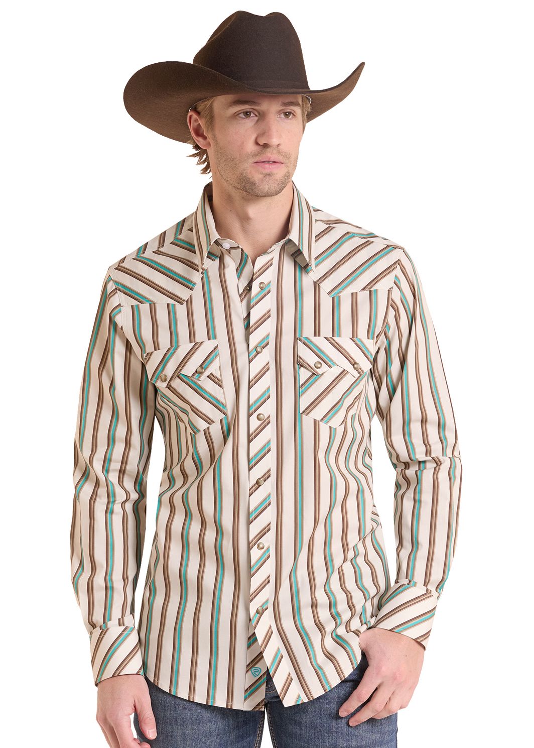 Man in a Teal Striped Long Sleeve Snap Shirt