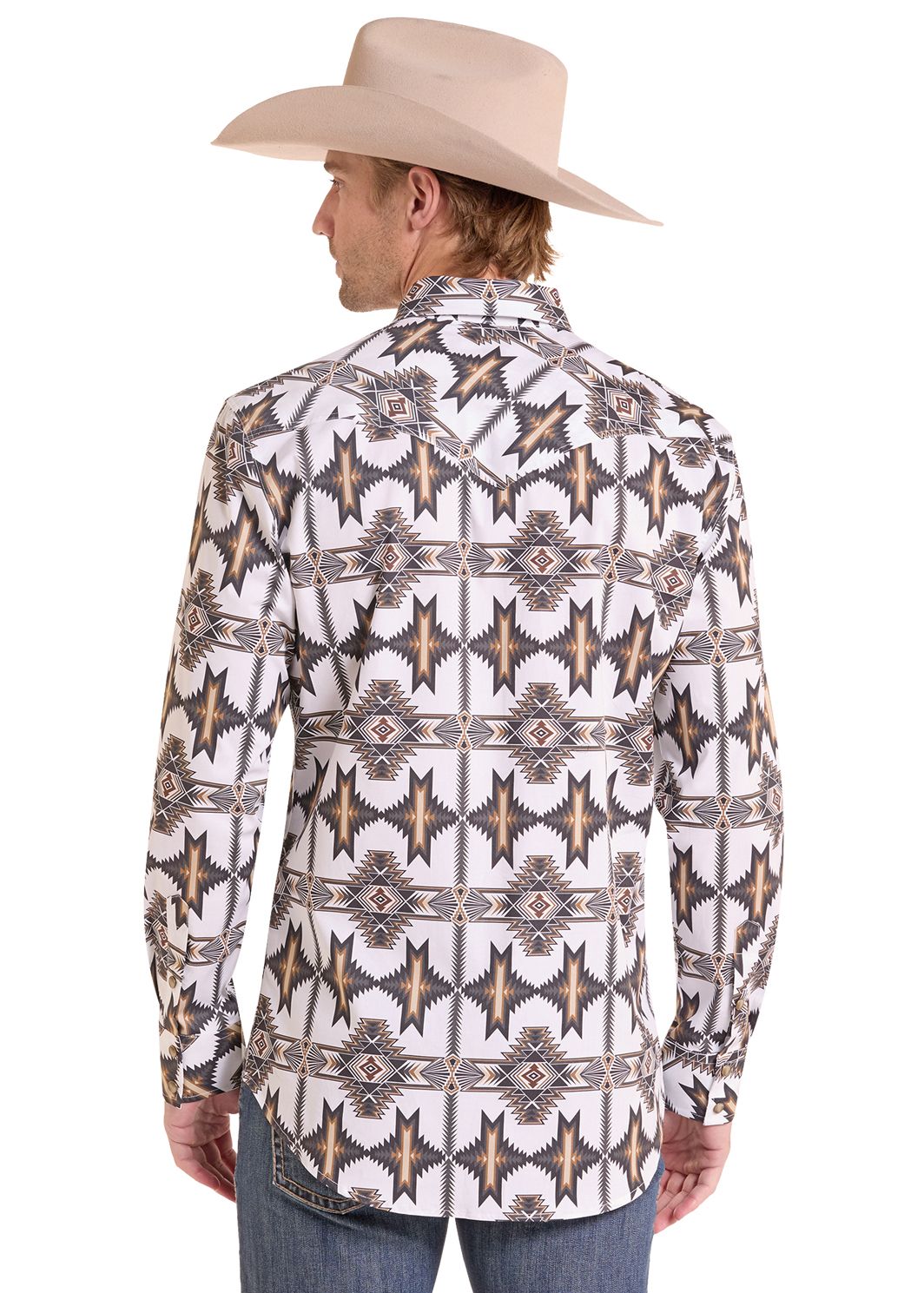 The back view of a White Aztec Long Sleeve Snap Shirt