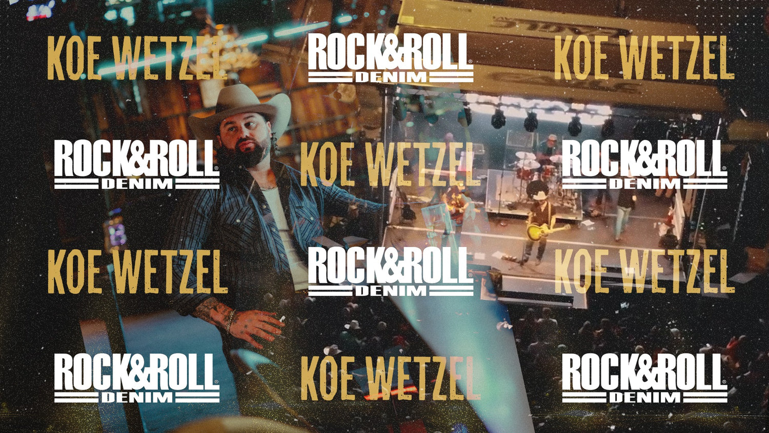 Collage of Koe Wetzel performing on stage with 'Rock & Roll Denim' branding.