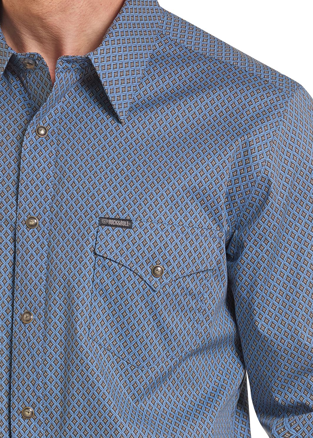 Close up of a pocket and collar on a Blue Diamond Long Sleeve Snap Shirt