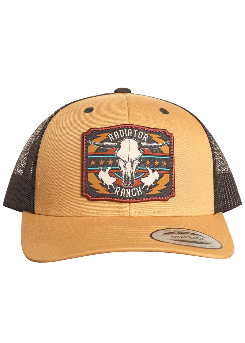 The Dale Brisby Radiator Ranch Skull Cap by Rock & Roll Denim is a yellow and black mesh snapback hat with a southwestern patch featuring a cow skull—ideal for any Dale Brisby fan.