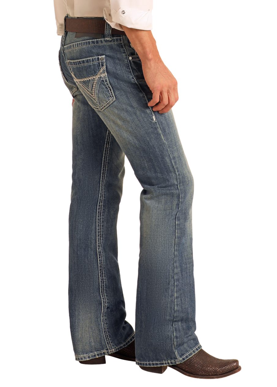 Men's Regular Fit Ivory Top-Stitching Bootcut Jeans in Medium Wash