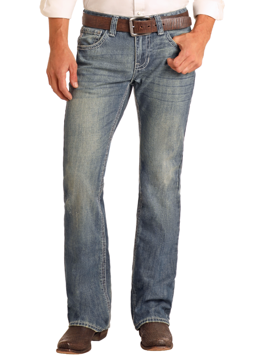 Men's Regular Fit Ivory Top-Stitching Bootcut Jeans in Medium Wash ...