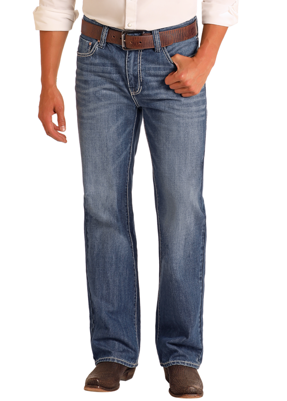 Men's Relaxed Fit Medium Wash Straight Leg Jeans Rock Roll Denim