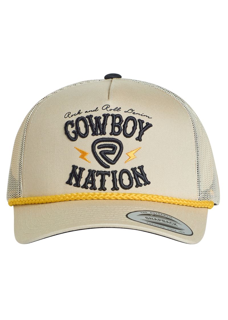The Cowboy Nation Cap by Rock & Roll Denim is beige with a mesh back, yellow rope trim above the brim, and bold black "Cowboy Nation" embroidery featuring lightning bolts and decorative script.