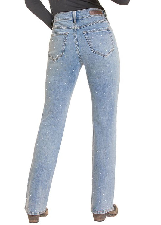 Back of a woman in rhinestone light wash jeans.