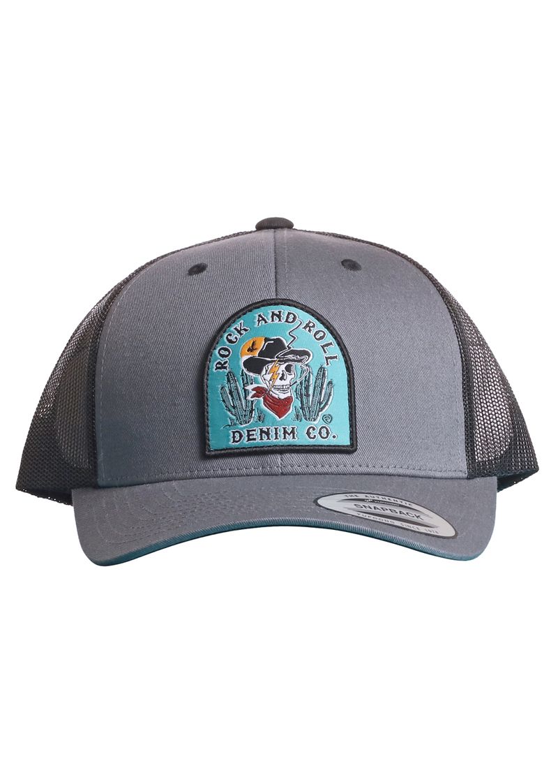 The Rock & Roll Cactus Skull Cap by Rock & Roll Denim is a gray and black mesh snapback with a colorful "ROCK AND ROLL DENIM CO." patch and an illustrated skull in a cowboy hat and bandana—bold style assured.