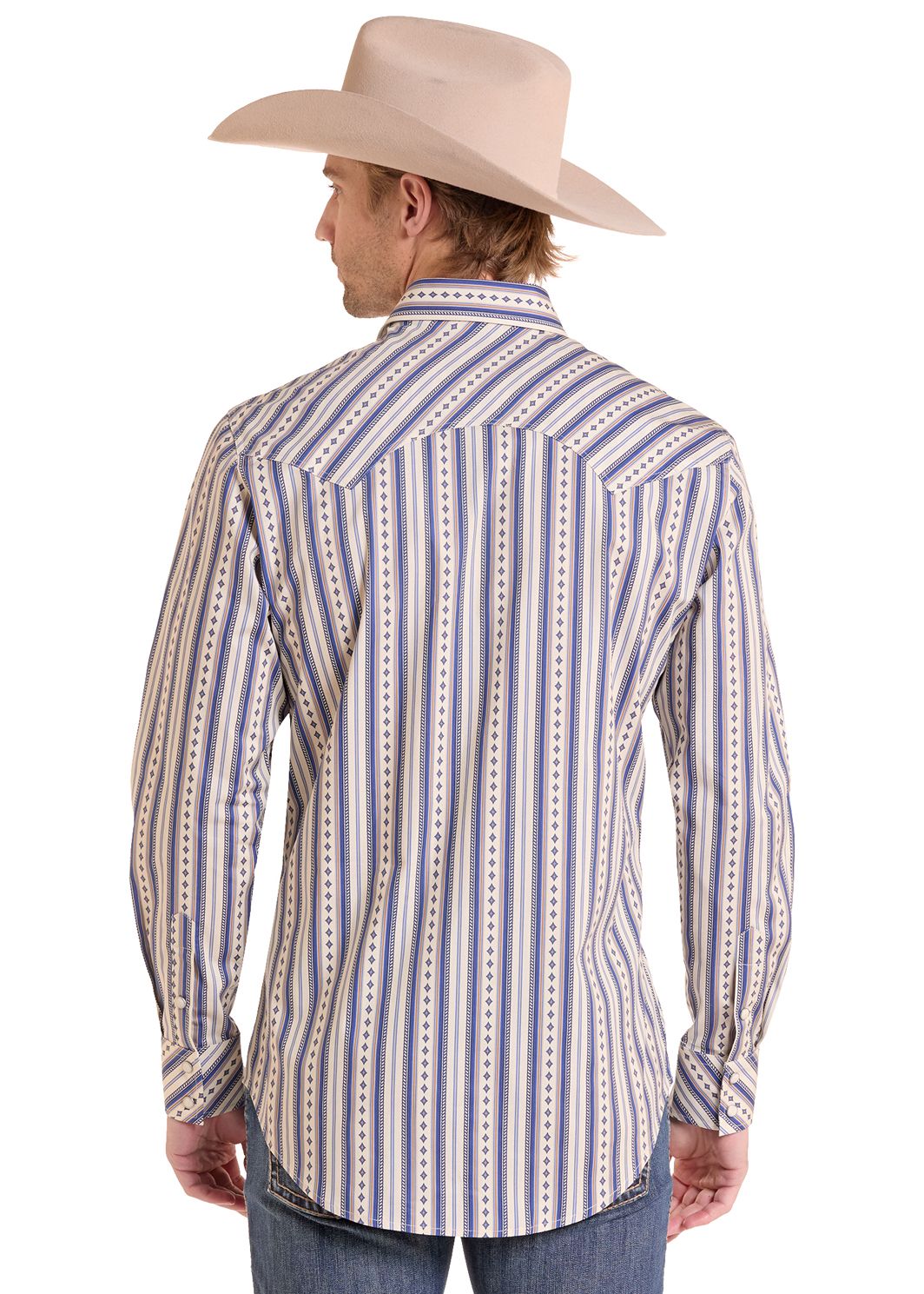 Back of a man wearing a Powder Blue Diamond Striped Long Sleeve Snap Shirt