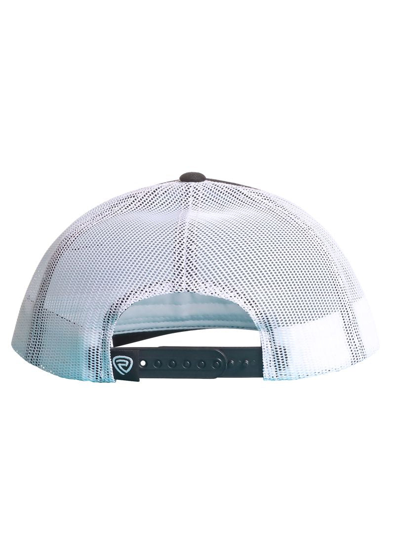 The Rock & Roll Black Aztec Skull Cap by Rock & Roll Denim is a white mesh back trucker hat shown from the back, featuring an adjustable snapback closure and a small black tag with the logo.