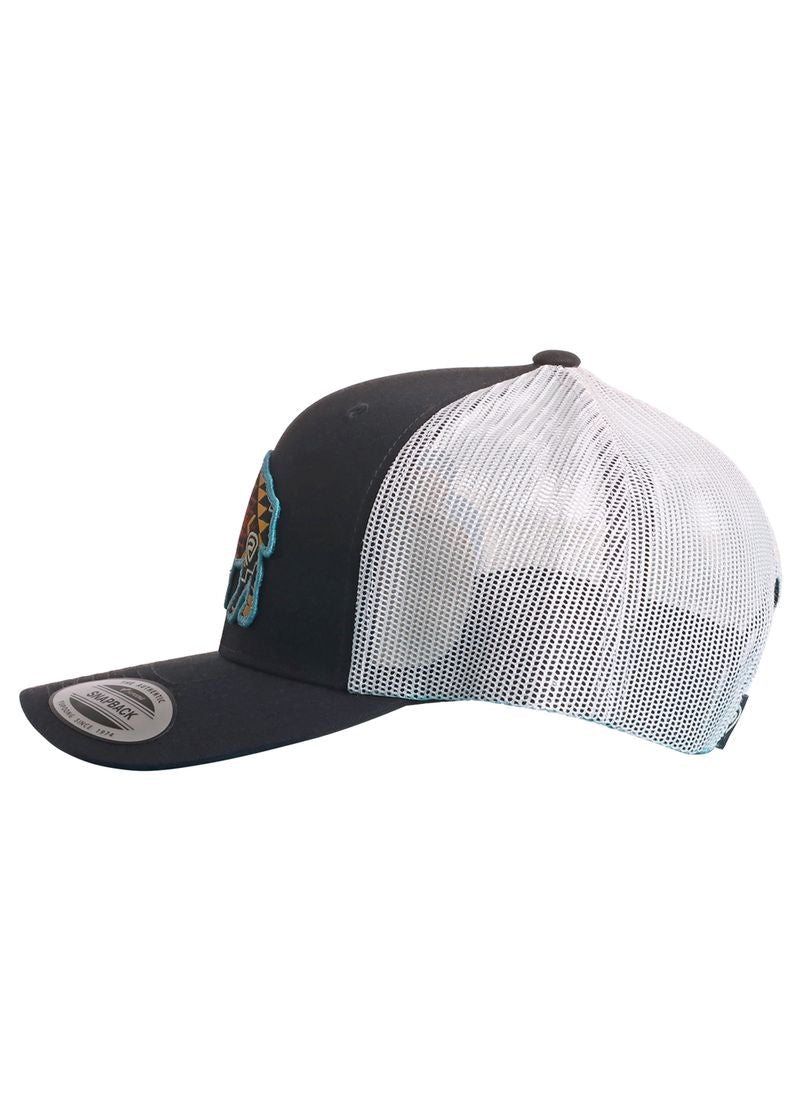 The Rock & Roll Denim Aztec Buffalo Cap is a black and white mesh trucker hat with a curved brim, solid black front, white mesh back, and a colorful embroidered patch on the front for standout style.