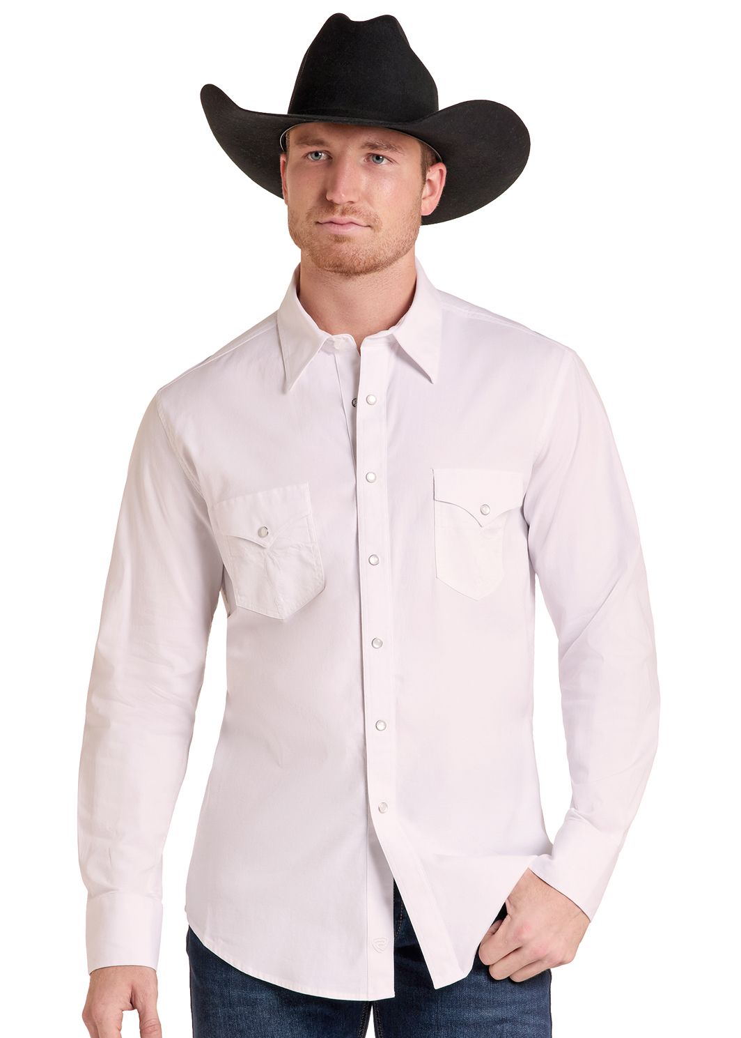 Man in White Twill Long Sleeve Pocket Snap Shirt
