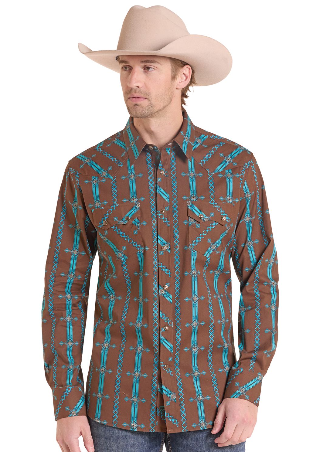 man in a Brown Aztec Striped Long Sleeve Snap Shirt