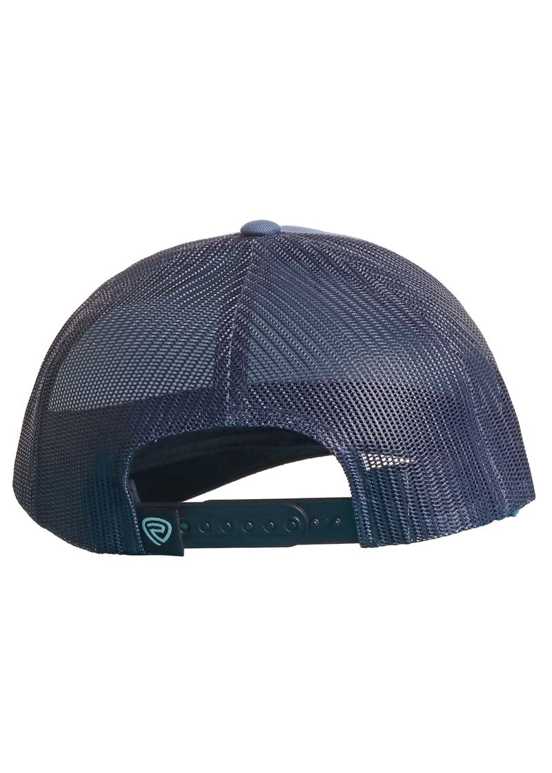 The Rock & Roll Denim Dale Brisby Pow Pow Cap is a navy blue mesh trucker hat shown from the back, featuring an adjustable snapback closure and a small Dale Brisby logo tag near the opening.