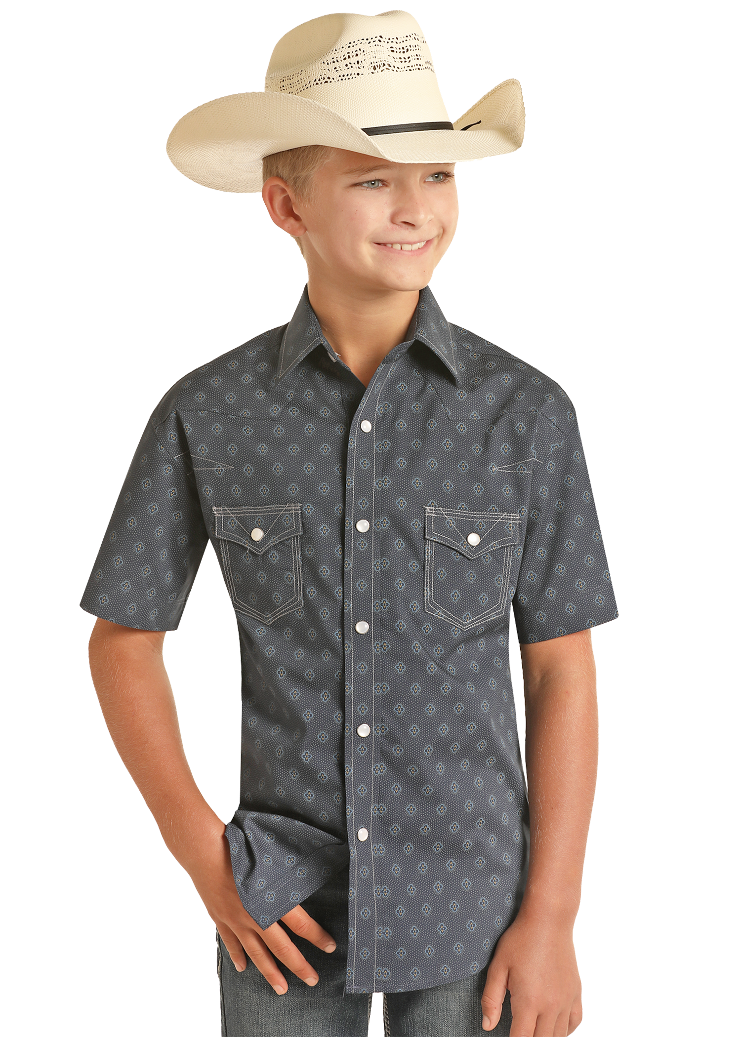 Boys' Medallion Print Short Sleeve Snap Shirt