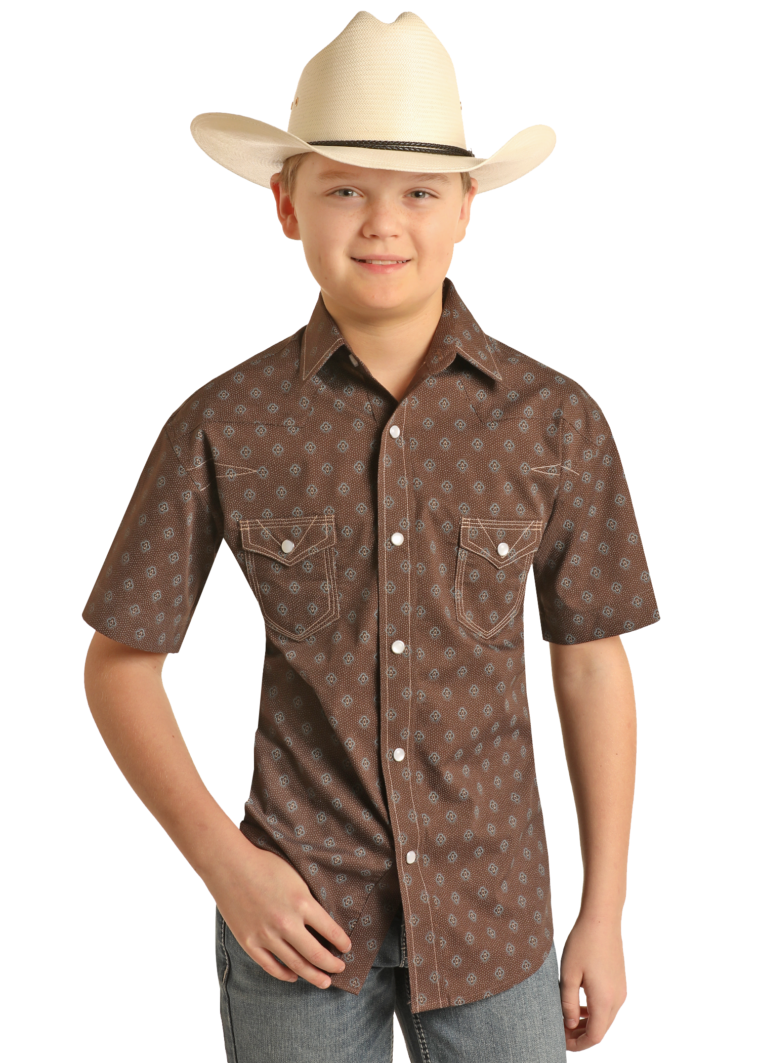 Boys' Medallion Print Short Sleeve Snap Shirt