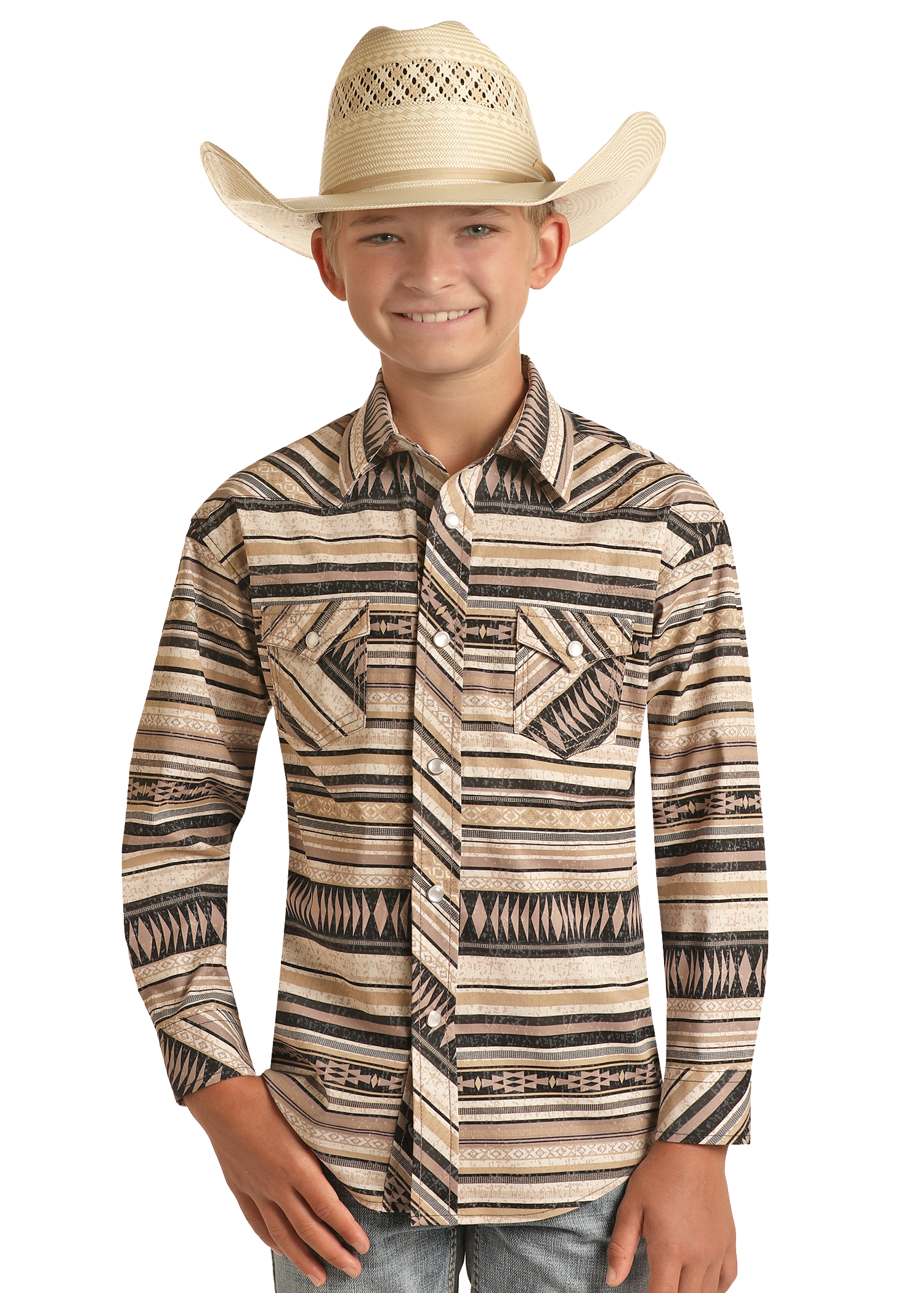 Boys' Aztec Design Long Sleeve Snap Shirt