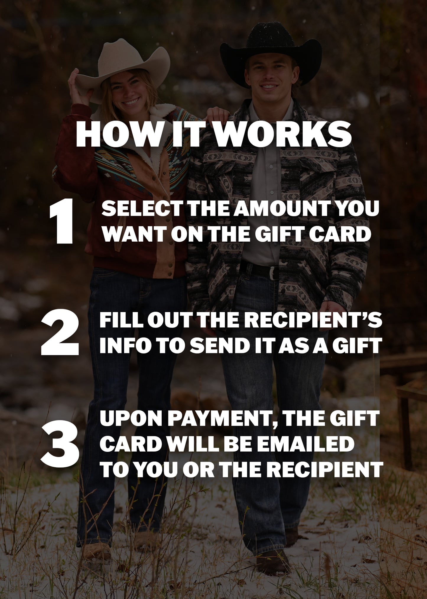 Two people in cowboy hats and jeans smile outdoors. Text shows how to buy a Rock & Roll Denim E-Gift Card: choose amount, enter recipient info, pay, and the Rock & Roll Denim gift card is emailed to you or your recipient.