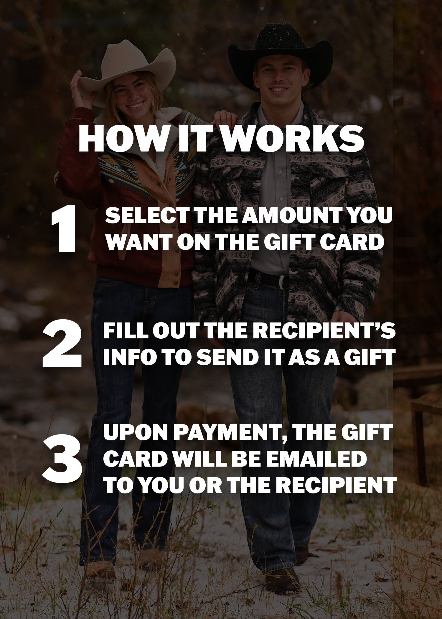 Two people in cowboy hats and jeans smile outdoors. Text shows how to buy a Rock & Roll Denim E-Gift Card: choose amount, enter recipient info, pay, and the Rock & Roll Denim gift card is emailed to you or your recipient.