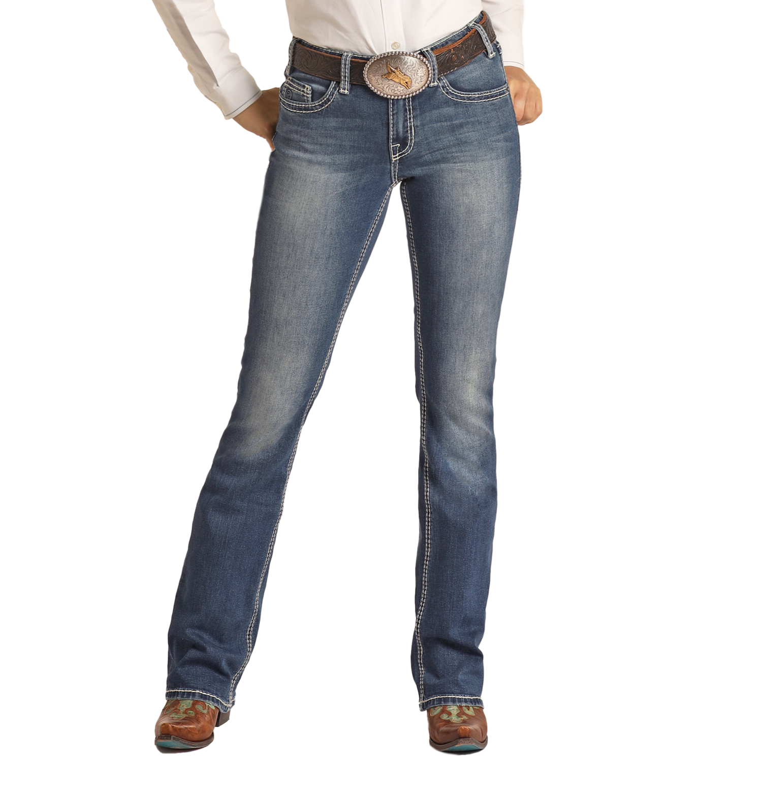 Cowhide Embroidered Mid Rise Bootcut Jeans