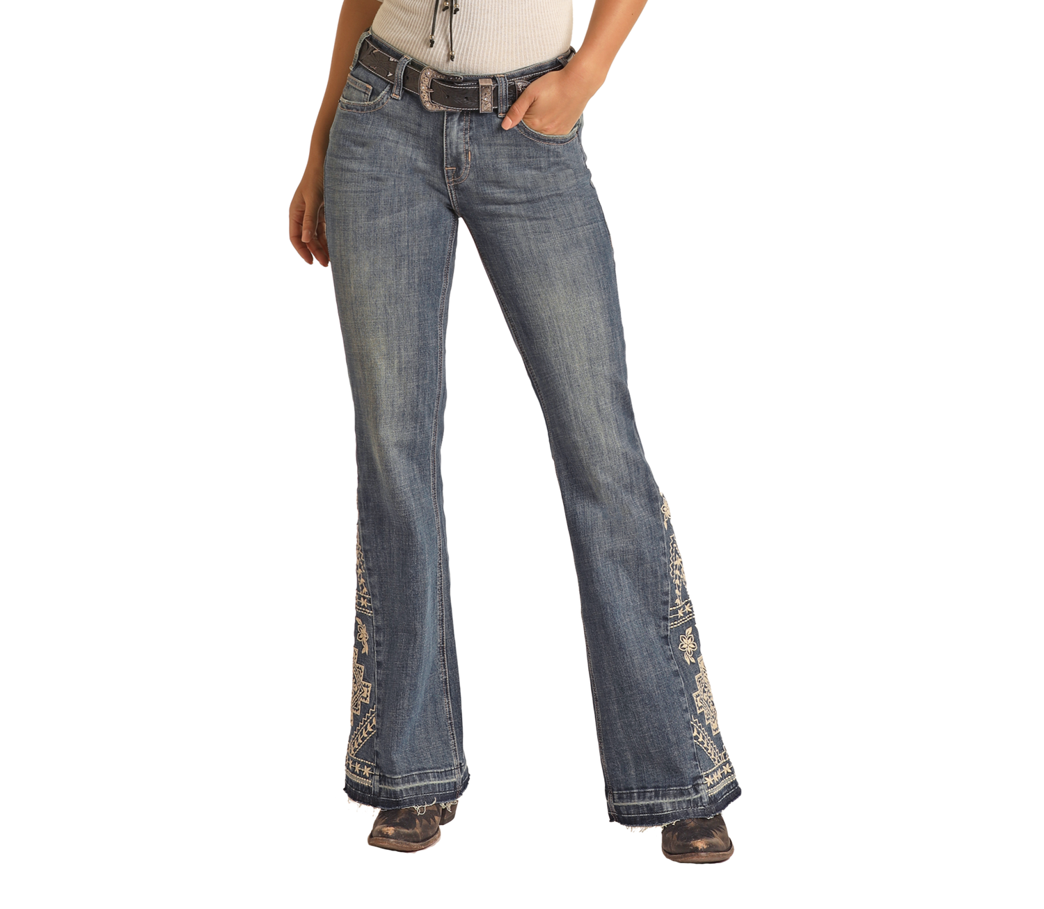 Side Embroidered Mid Rise Trouser Jeans