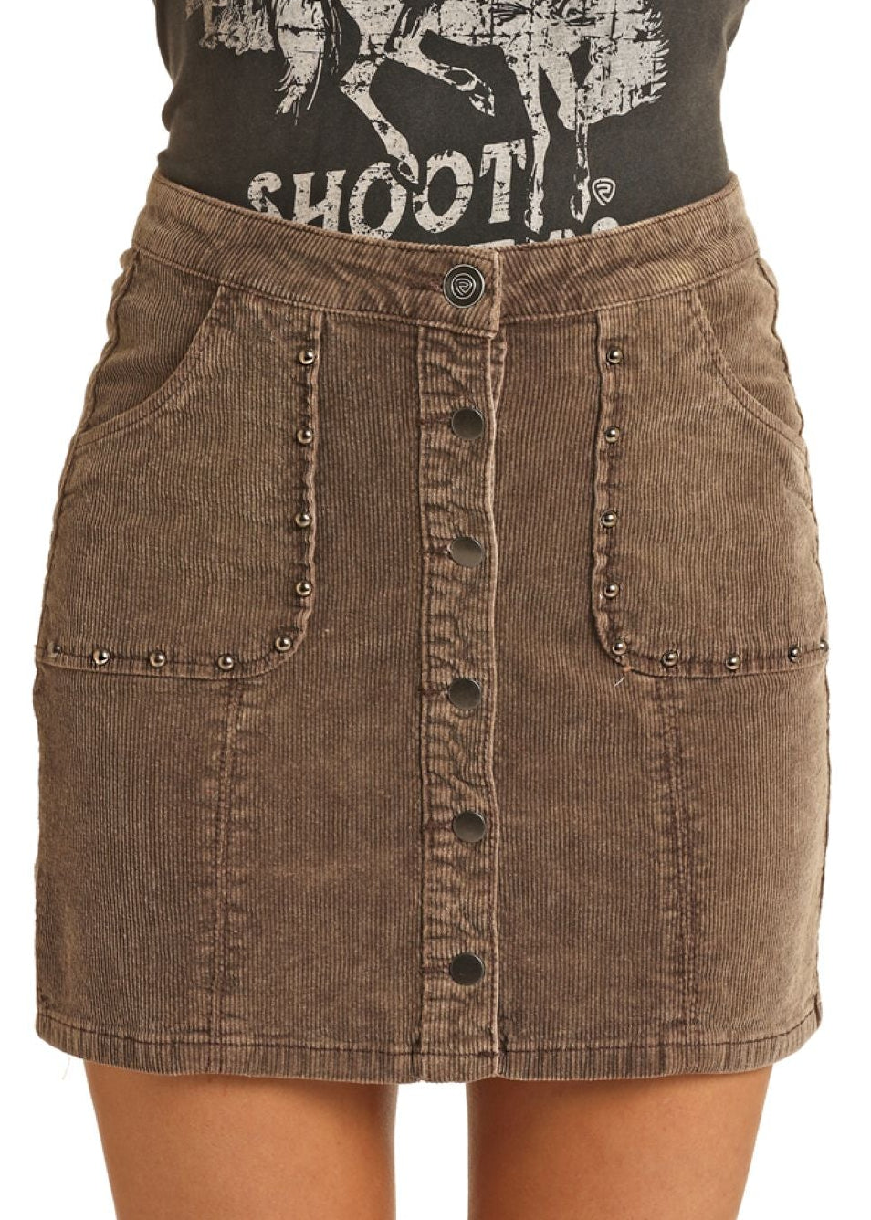 Brown denim skirt worn with a graphic t-shirt on a white background