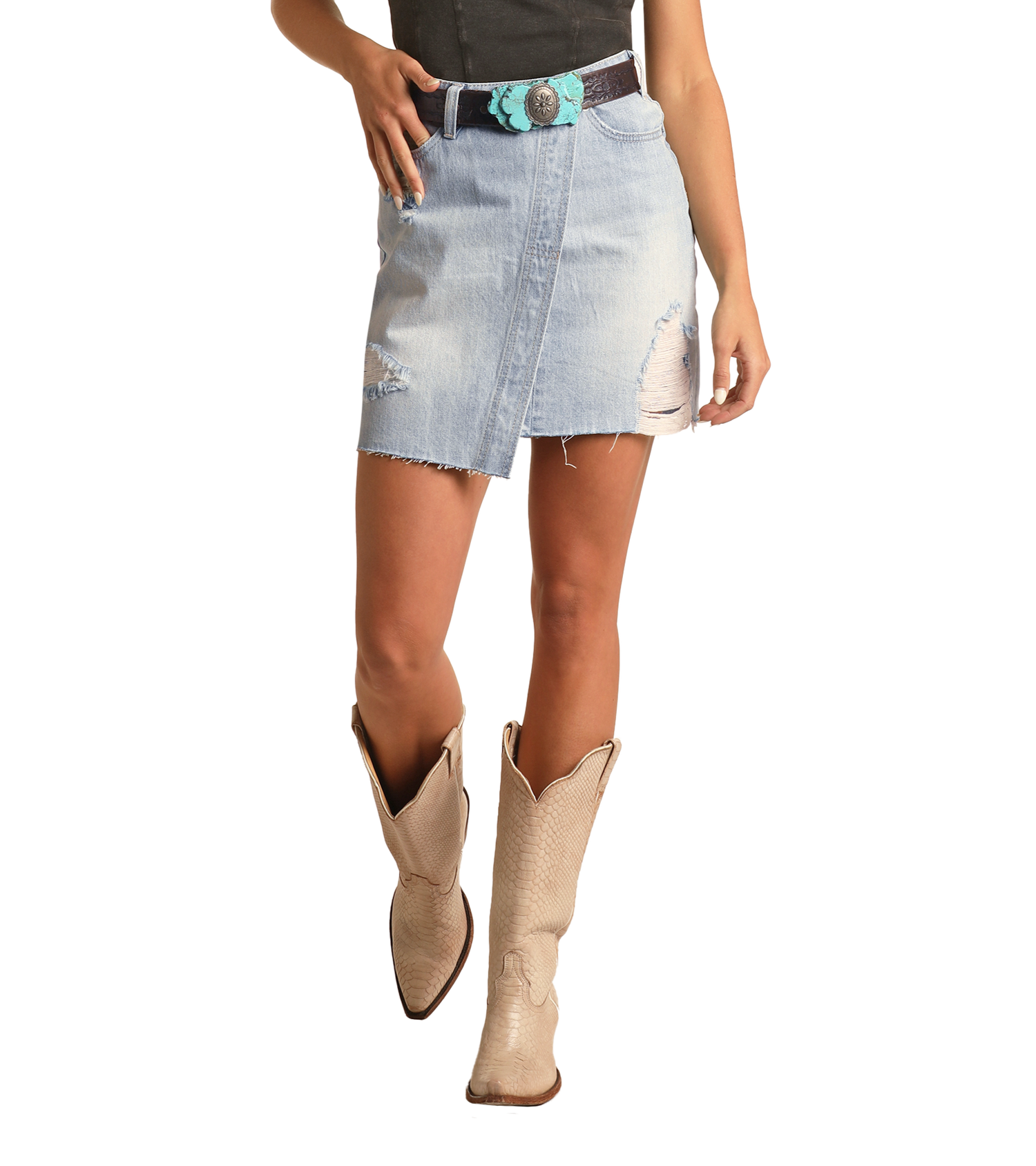 Asymmetric Distressed Mini Skirt