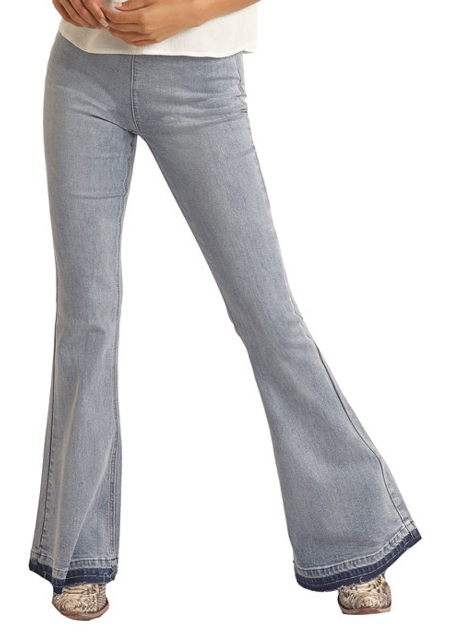 Women's Raw Hem High Rise Pull-On Flare Jeans Rock Roll Denim