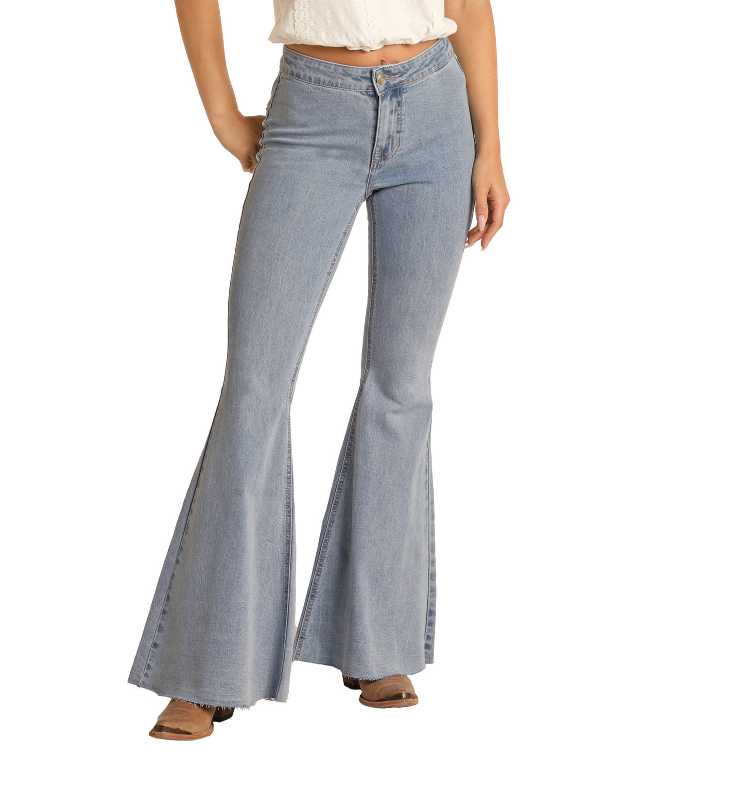 Light Wash Frayed Hem High Rise Bell Bottoms