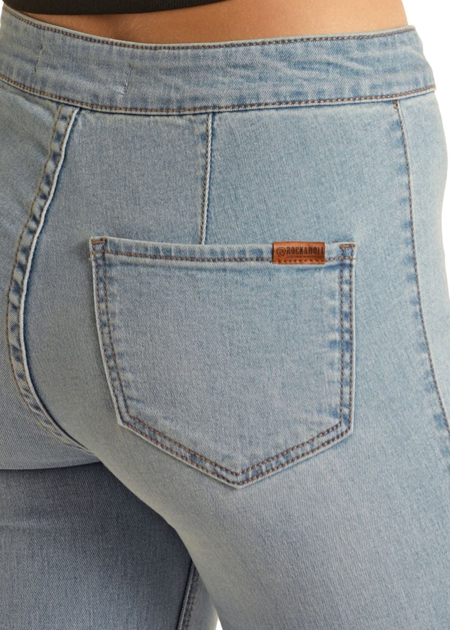 Light blue jeans with a brand logo on a white background