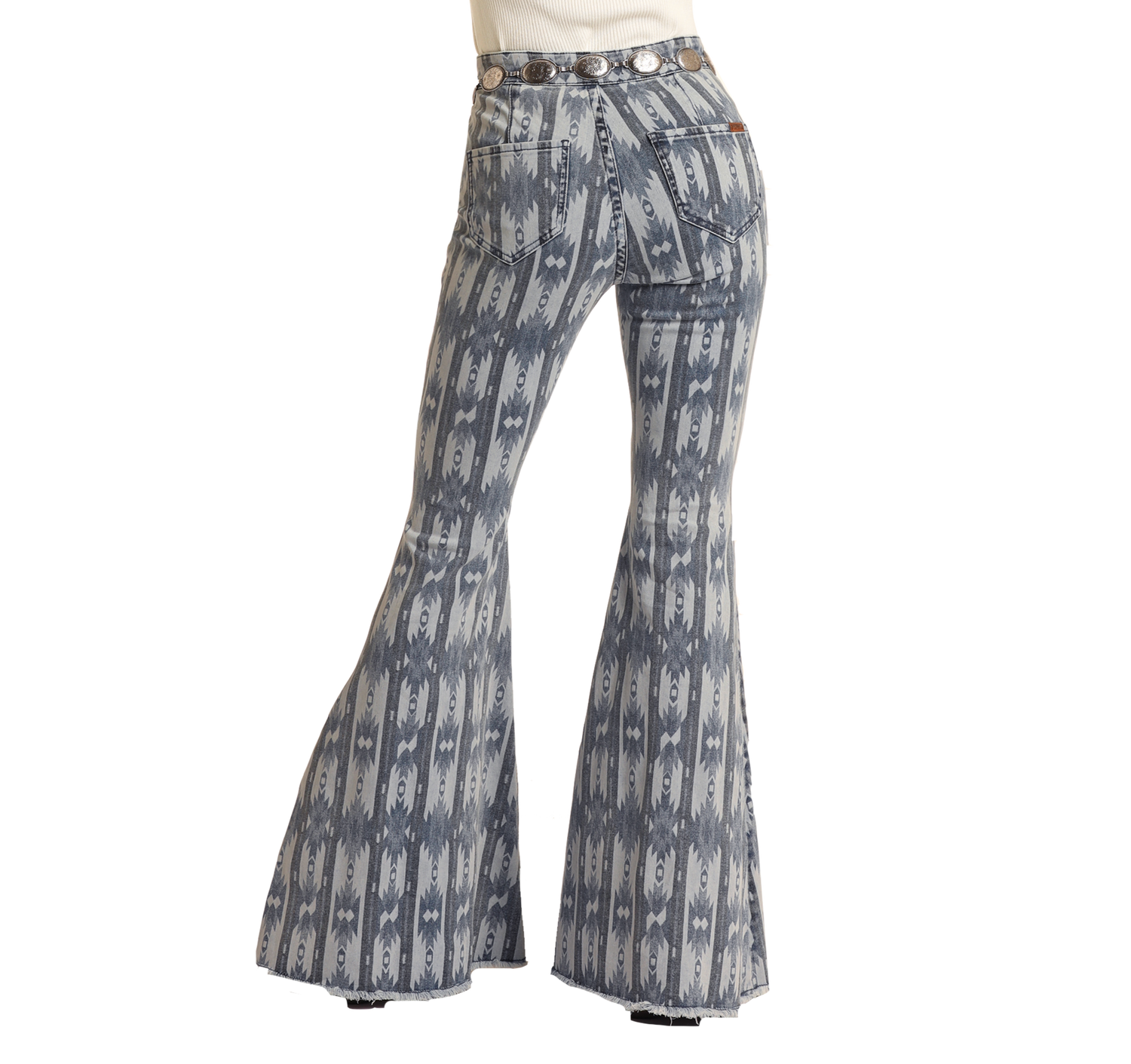 Light Wash Striped Aztec High Rise Bell Bottoms