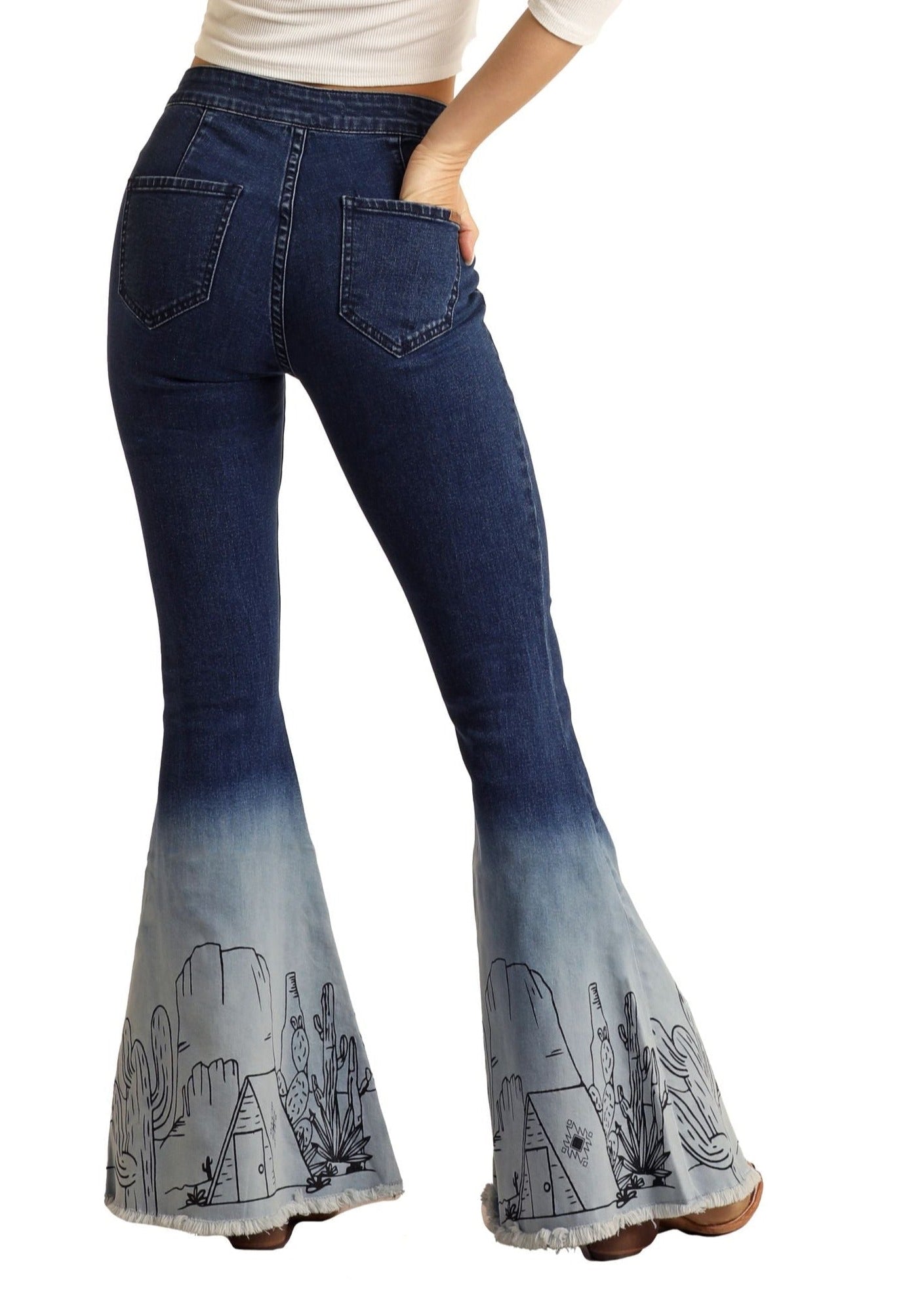 Women's Desert Ombre High Rise Bell Bottom Jeans Rock Roll Denim