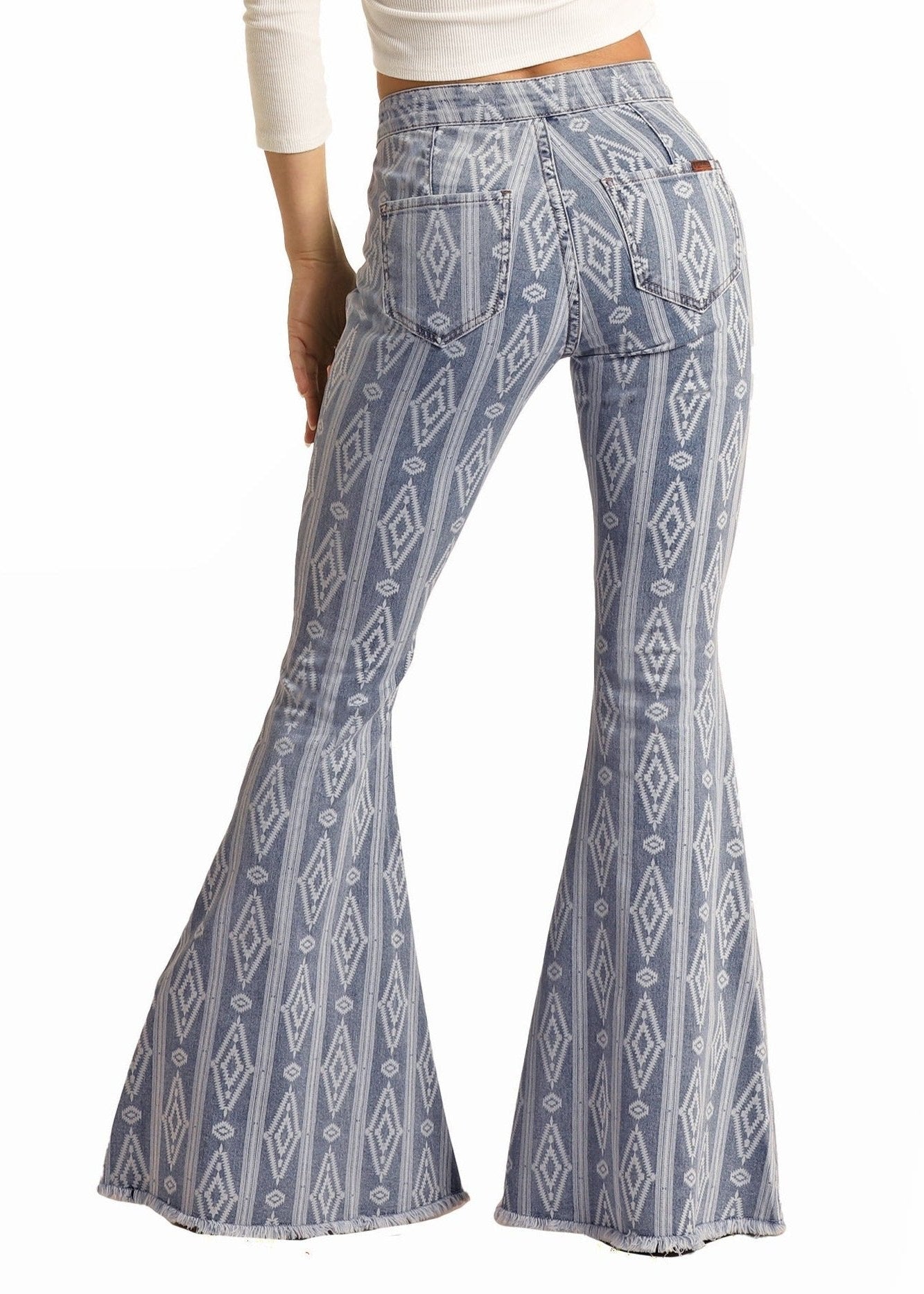 Women's Aztec High Rise Bell Bottom Jeans Rock Roll Denim