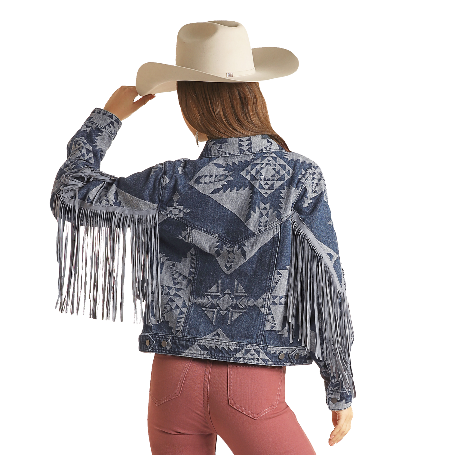 Women's Fringe Aztec Print Denim Jacket | Rock & Roll Denim Women's Fringe Aztec Print Denim Jacket | Rock & Roll Denim