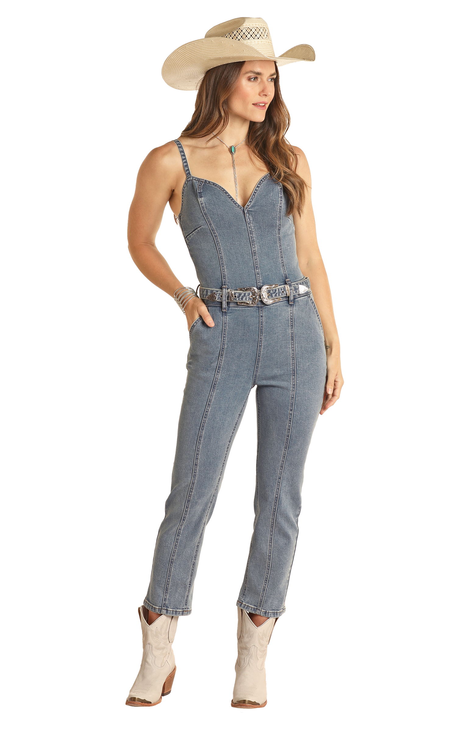 Women's Front Seams Denim Jumpsuit Rock Roll Denim