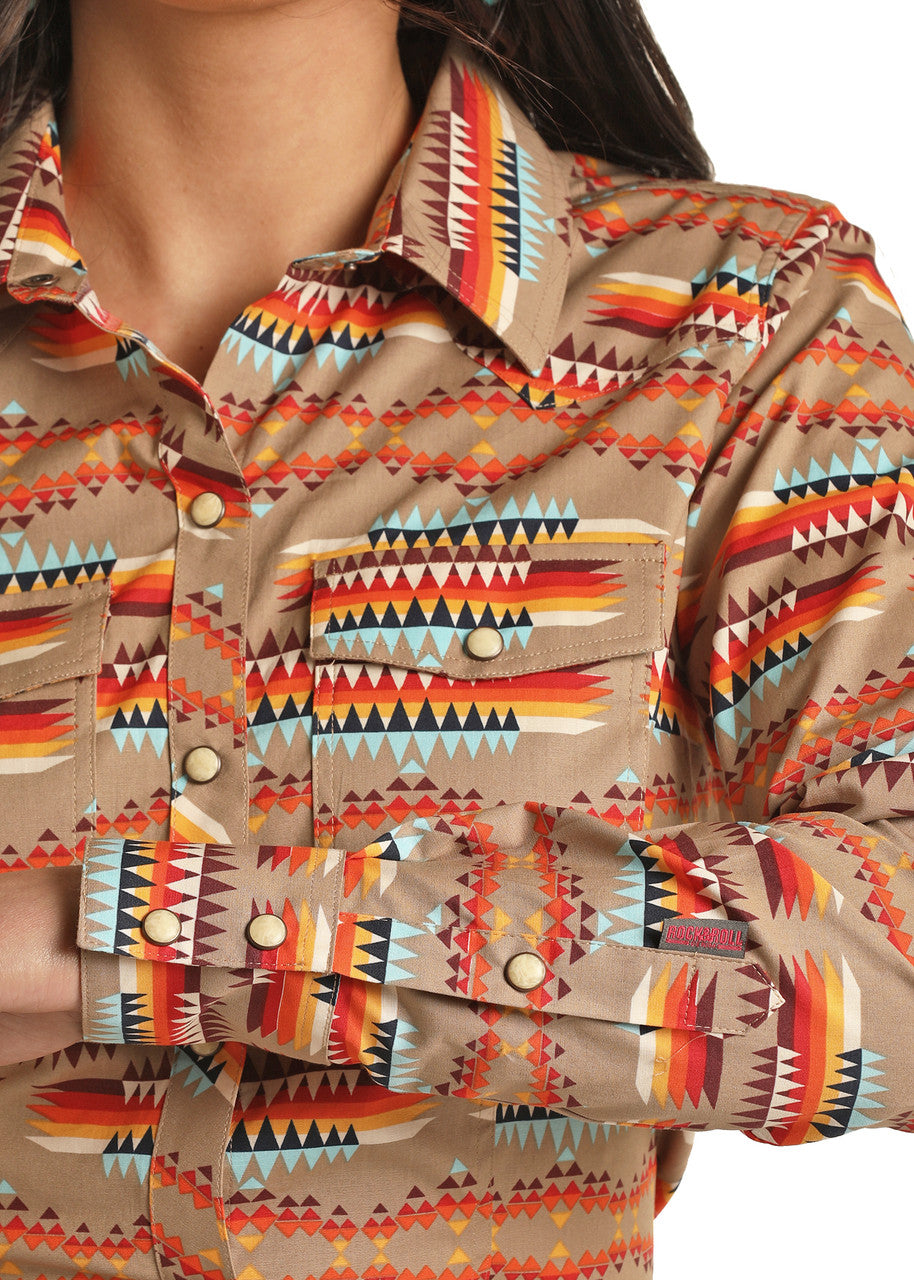 Tan Aztec Snap Long Sleeve Shirt