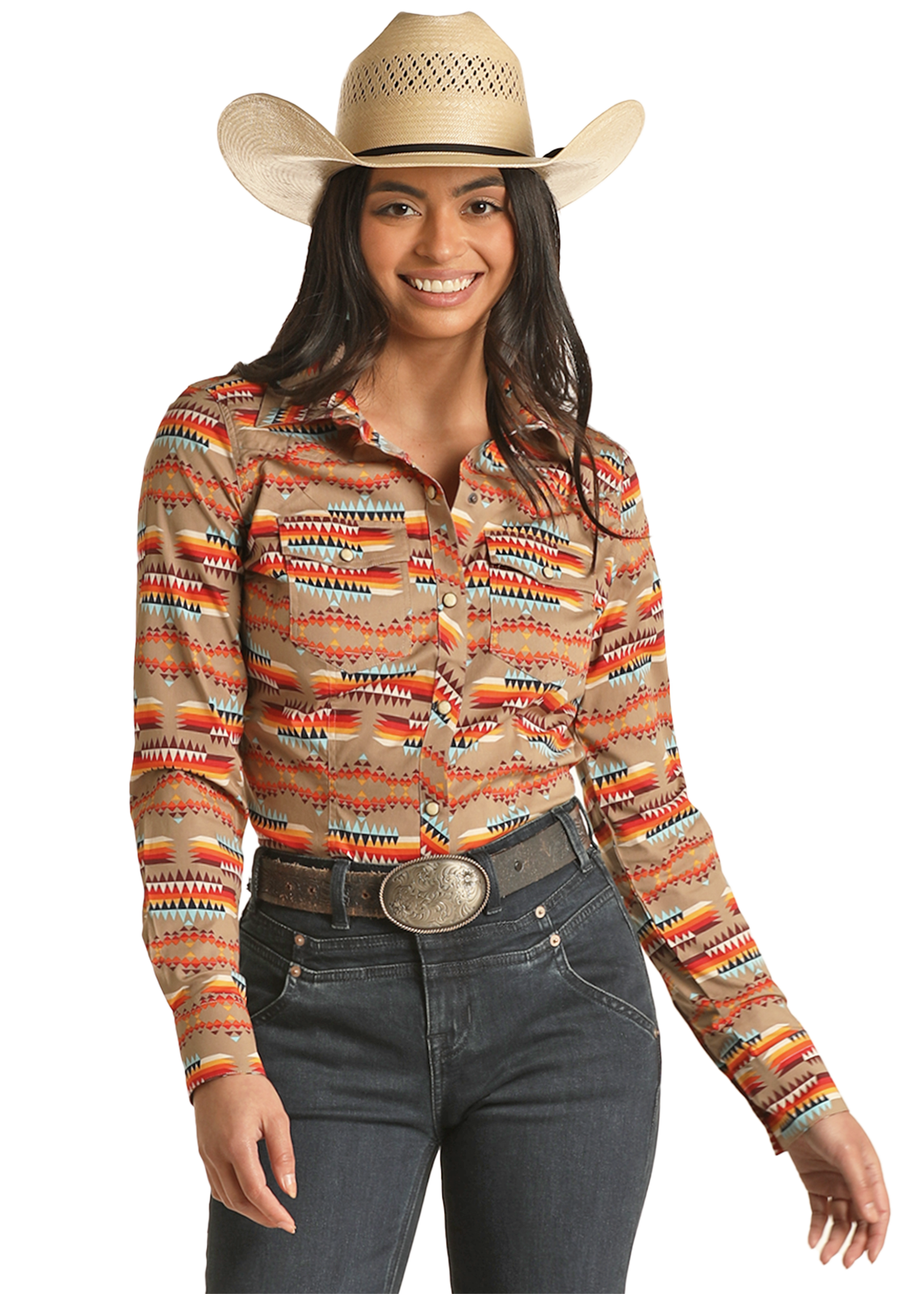 Tan Aztec Snap Long Sleeve Shirt